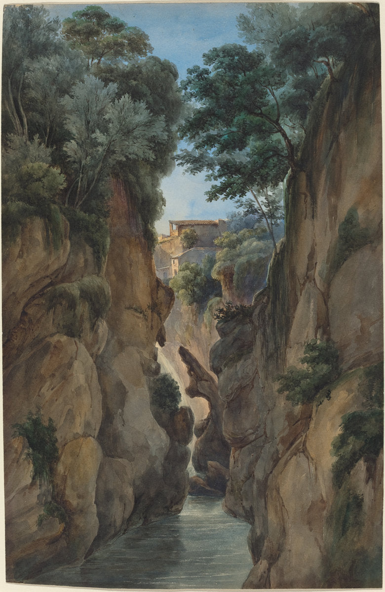 View of a Waterfall through a Ravine by Attributed to Achille-Etna Michallon (French, 1796 - 1822), 16X12"(A3)Poster Print