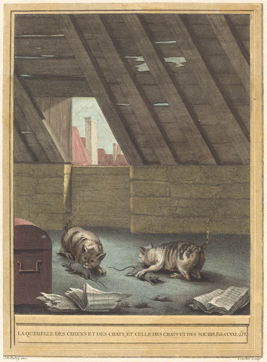 La querelle des chiens et des chats et celle des chats et des souris (The Quarrel of Cats and Dogs, and that of Cats and Mice) by Johann Christoph Teucher after Jean-Baptiste Oudry (German, c. 1715 - 1763 or after), 16X12"(A3)Poster Print
