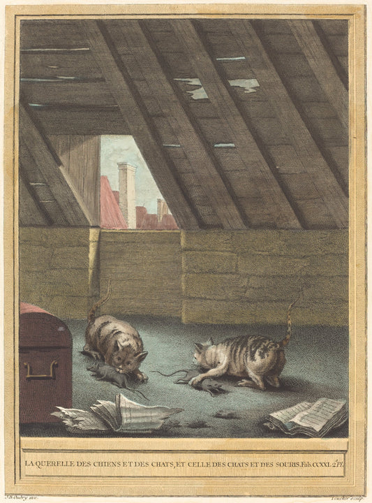 La querelle des chiens et des chats et celle des chats et des souris (The Quarrel of Cats and Dogs, and that of Cats and Mice) by Johann Christoph Teucher after Jean-Baptiste Oudry (German, c. 1715 - 1763 or after), 16X12"(A3)Poster Print