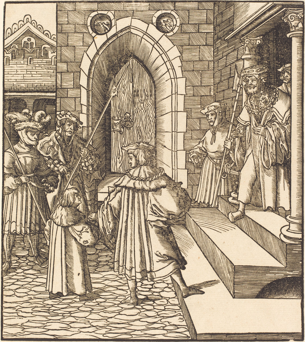 Three Men and a Boy in the Court of a Castle, to the Right Three Men on a Staircase by Leonhard Beck (German, c. 1480 - 1542), 16X12"(A3)Poster Print