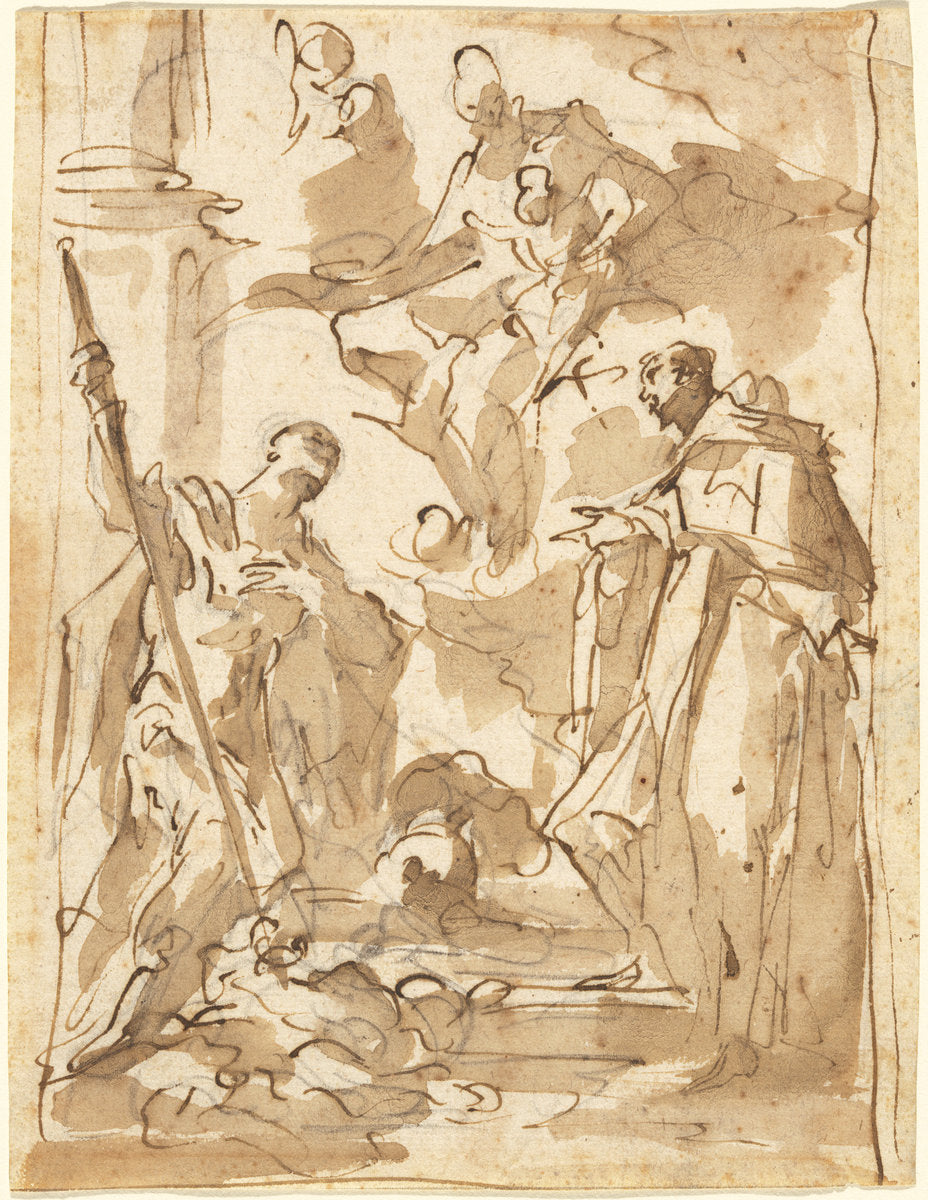 The Madonna and Child in Glory with Saint Theodore and a Monastic Saint by Giovanni Antonio Pellegrini (Venetian, 1675 - 1741), 16X12"(A3)Poster Print