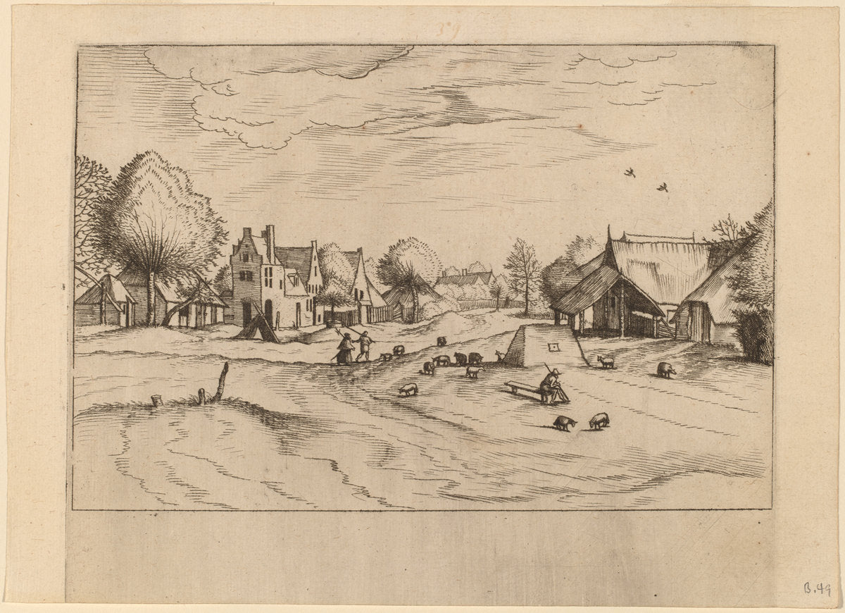 Country Village with Sheep and Sitting Shepherd by Johannes van Doetechum, the Elder and Lucas van Doetechum after Master of the Small Landscapes (Dutch, active 1554/1572; died before 1589), 16X12"(A3)Poster Print