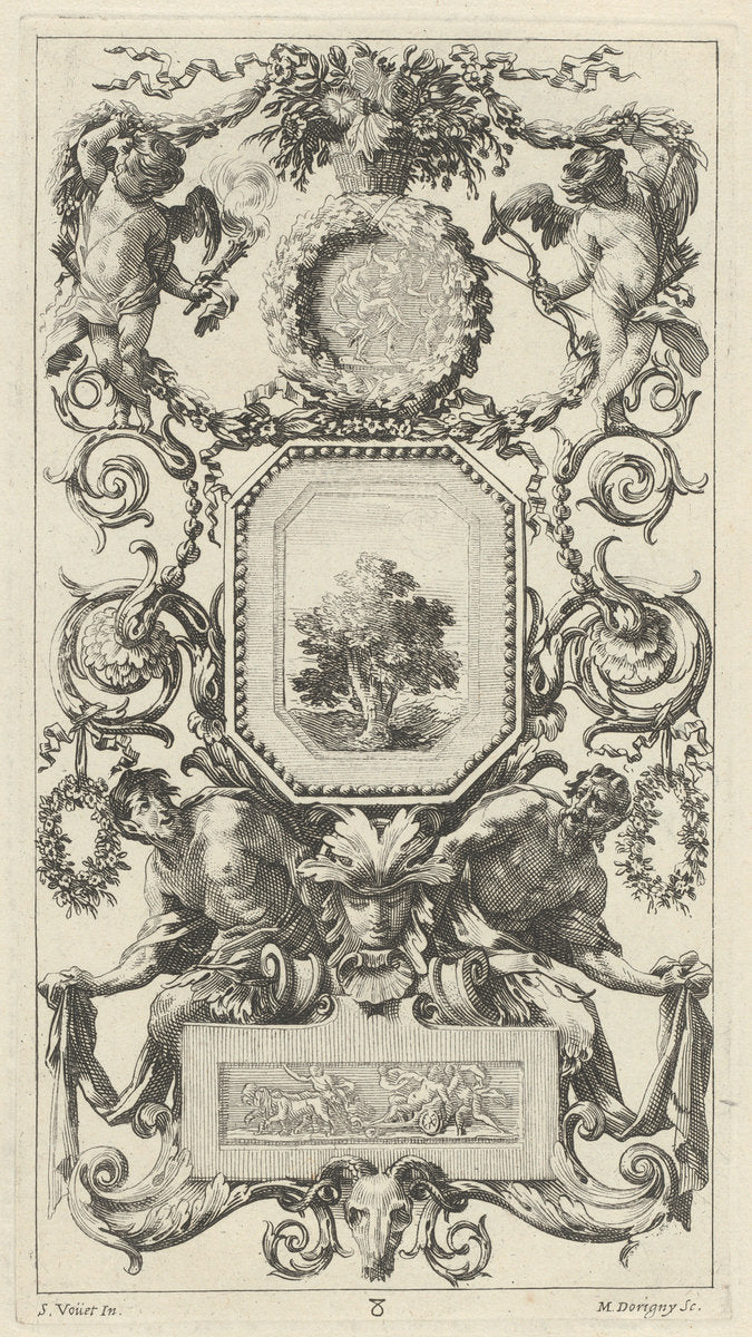 Ornamental Panel Surmounted by a Basket of Flowers with Cupid and Hymen by Michel Dorigny, after Simon Vouet (French, 1617 - 1665), 16X12"(A3)Poster Print