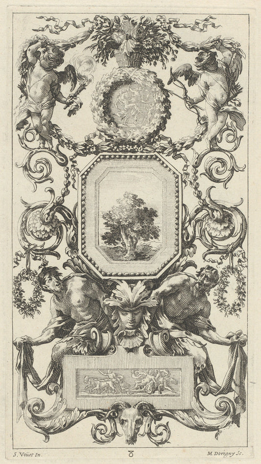 Ornamental Panel Surmounted by a Basket of Flowers with Cupid and Hymen by Michel Dorigny, after Simon Vouet (French, 1617 - 1665), 16X12"(A3)Poster Print