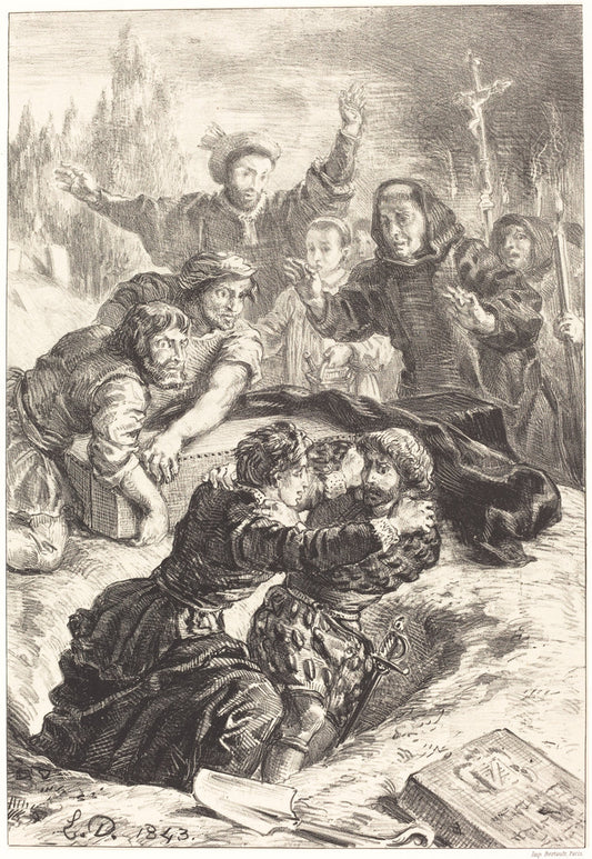 Hamlet and Laertes in the Grave of Ophelia (Act V, Scene I) by Eugène Delacroix (French, 1798 - 1863), 16X12"(A3)Poster Print