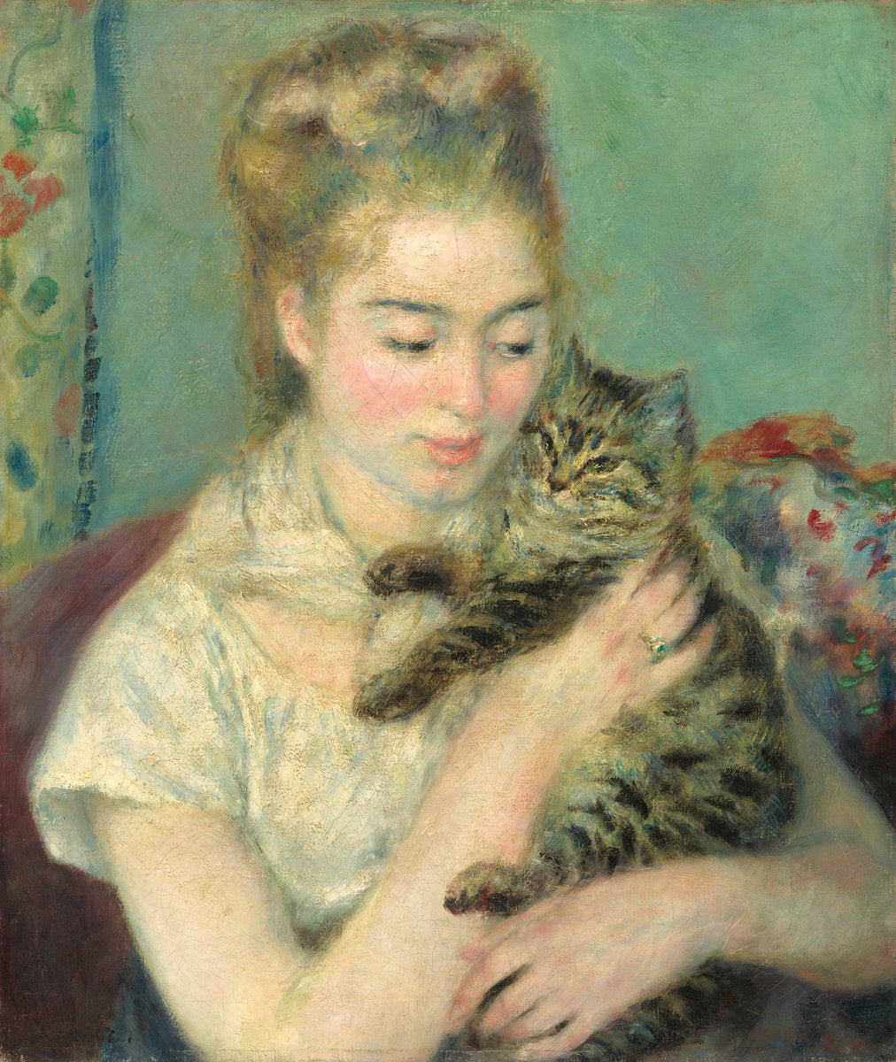 Woman with a Cat by Auguste Renoir (French, 1841 - 1919), 16X12"(A3)Poster Print