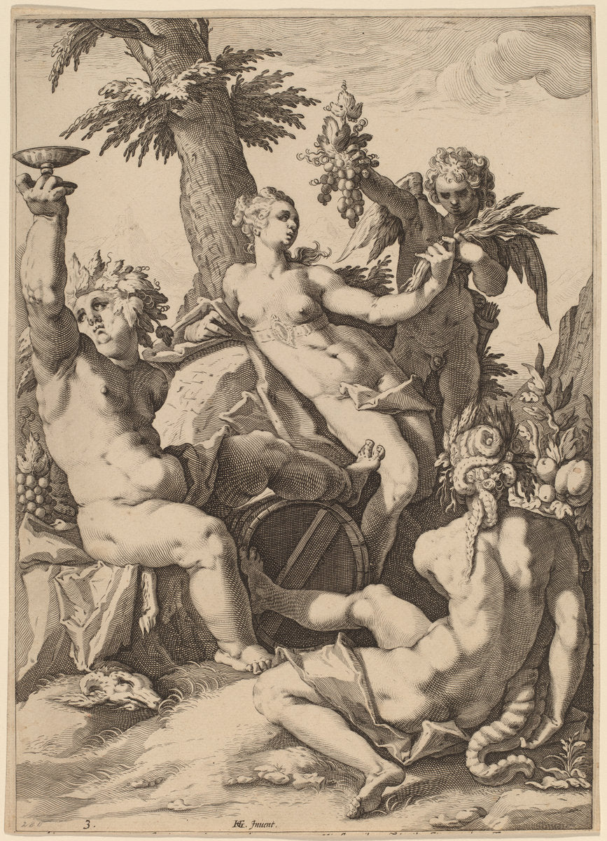 Venus, Bacchus, and Ceres by Jacob Matham after Hendrik Goltzius (Dutch, 1571 - 1631), 16X12"(A3)Poster Print