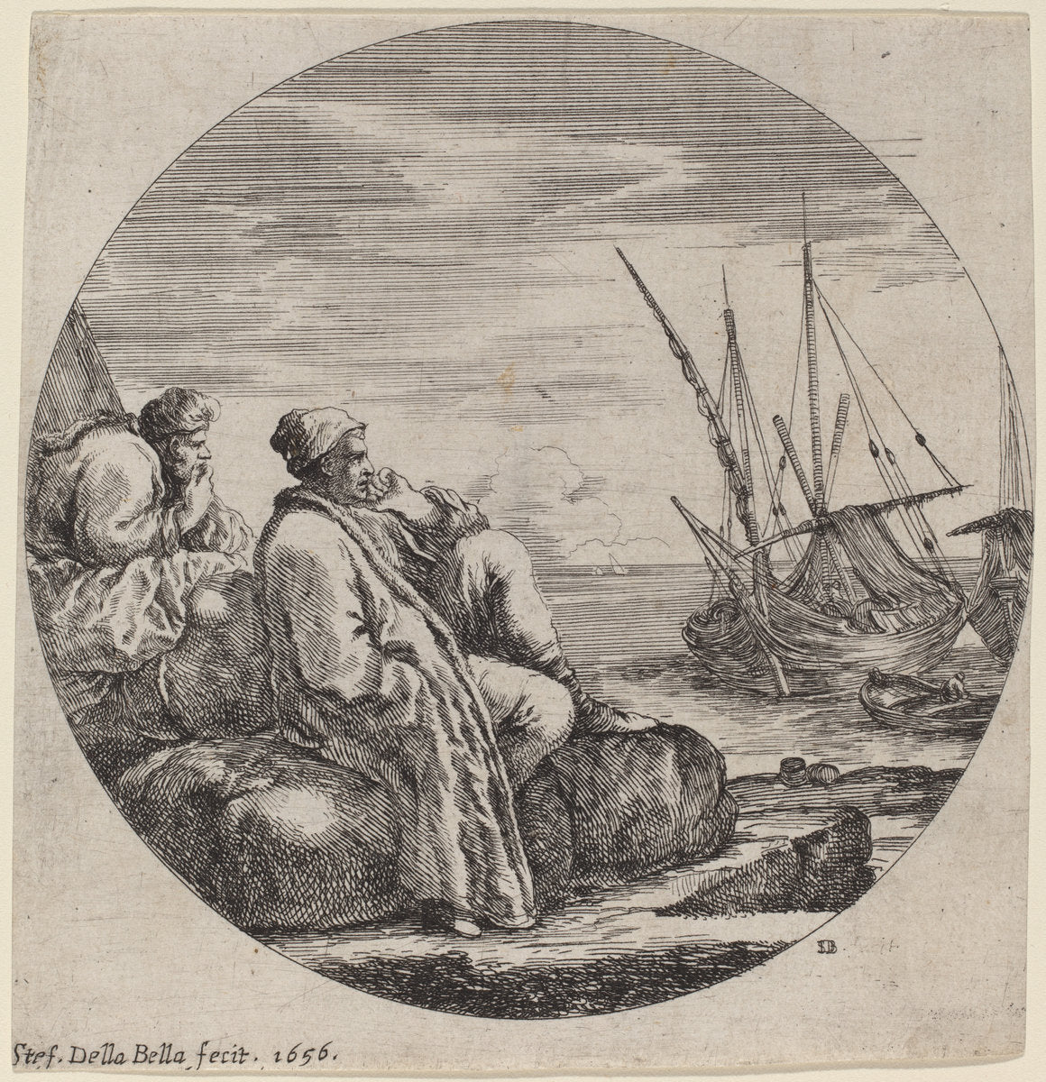 Seaport with Two Turkish Merchants by Stefano Della Bella (Italian, 1610 - 1664), 16X12"(A3)Poster Print