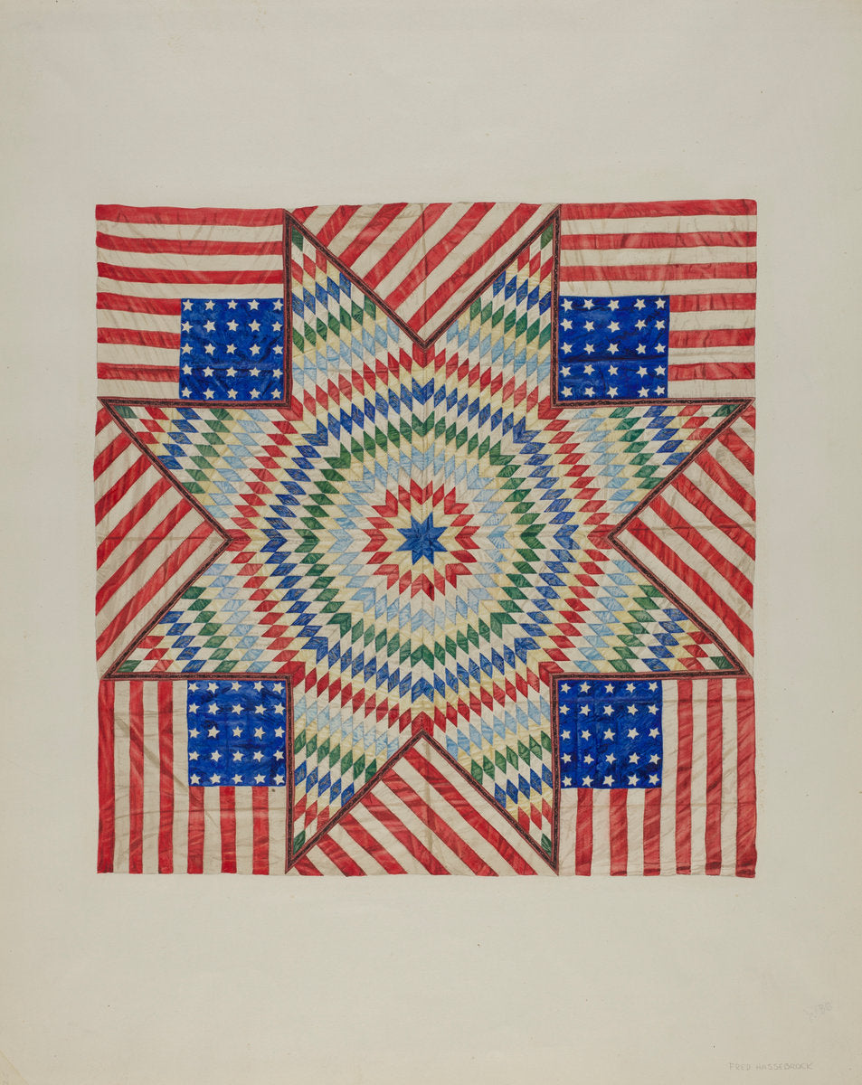 Star and Flag Design Quilt by Fred Hassebrock (American, active c. 1935), 16X12"(A3)Poster Print