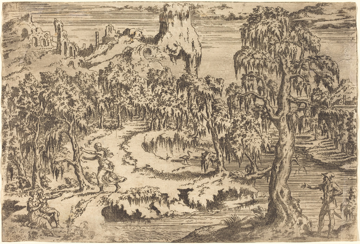 Landscape with a Woman Fleeing at the Sight of a Soldier by Léon Davent (French (?), active 1540/1556), 16X12"(A3)Poster Print