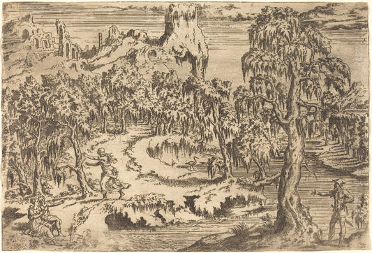 Landscape with a Woman Fleeing at the Sight of a Soldier by Léon Davent (French (?), active 1540/1556), 16X12"(A3)Poster Print