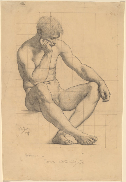Seated Male Nude: Study for "Science" - Iowa State Capitol by Kenyon Cox (American, 1856 - 1919), 16X12"(A3)Poster Print