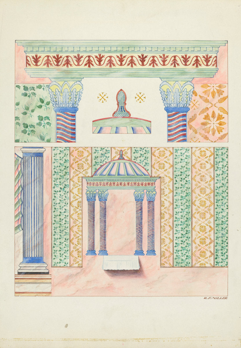 Details of Wall Paintings, Side Wall of Sanctuary by Randolph F. Miller (American, active c. 1935), 16X12"(A3)Poster Print