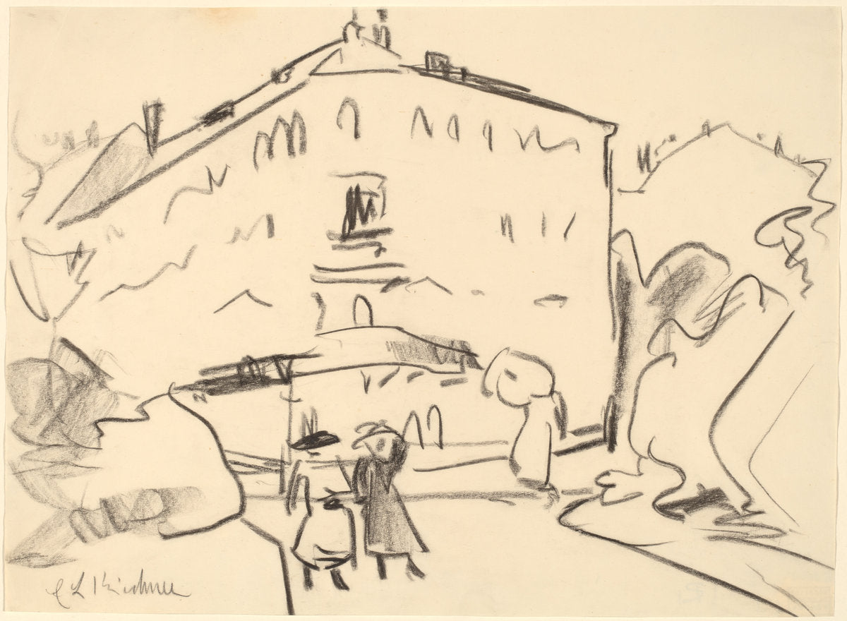 Houses in Dresden with People Strolling by Ernst Ludwig Kirchner (German, 1880 - 1938), 16X12"(A3)Poster Print