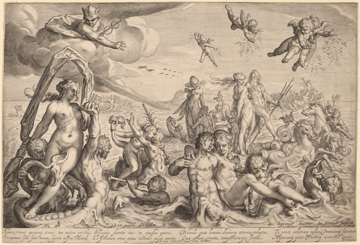 The Triumph of Neptune and Thetis by Jacob Matham, after Bartholomaeus Spranger (Dutch, 1571 - 1631), 16X12"(A3)Poster Print