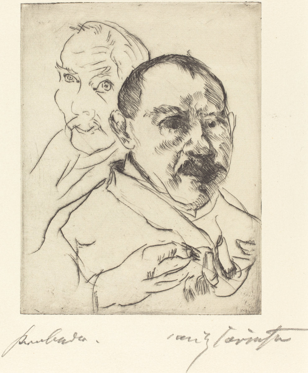 Sketch of Two Male Heads (Self-Portraits) (Zwei Männliche Studienköpfe (Selbstbildnisse)) by Lovis Corinth (German, 1858 - 1925), 16X12"(A3)Poster Print