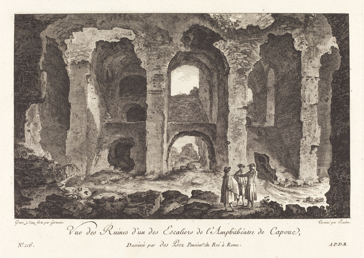 Vue des Ruines d'un des Escaliers de l'Amphithéatre de Capue by P.F. Germain after Louis-Jean Desprez (French, active 18th century), 16X12"(A3)Poster Print