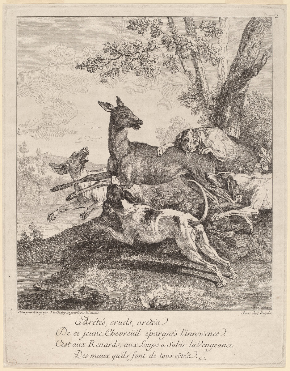 A Deer Attacked by Dogs by Jean-Baptiste Oudry (French, 1686 - 1755), 16X12"(A3)Poster Print