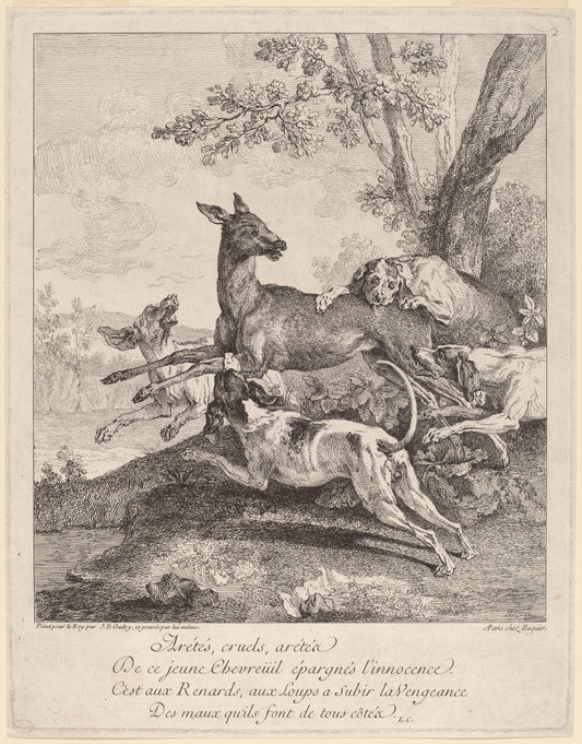 A Deer Attacked by Dogs by Jean-Baptiste Oudry (French, 1686 - 1755), 16X12"(A3)Poster Print