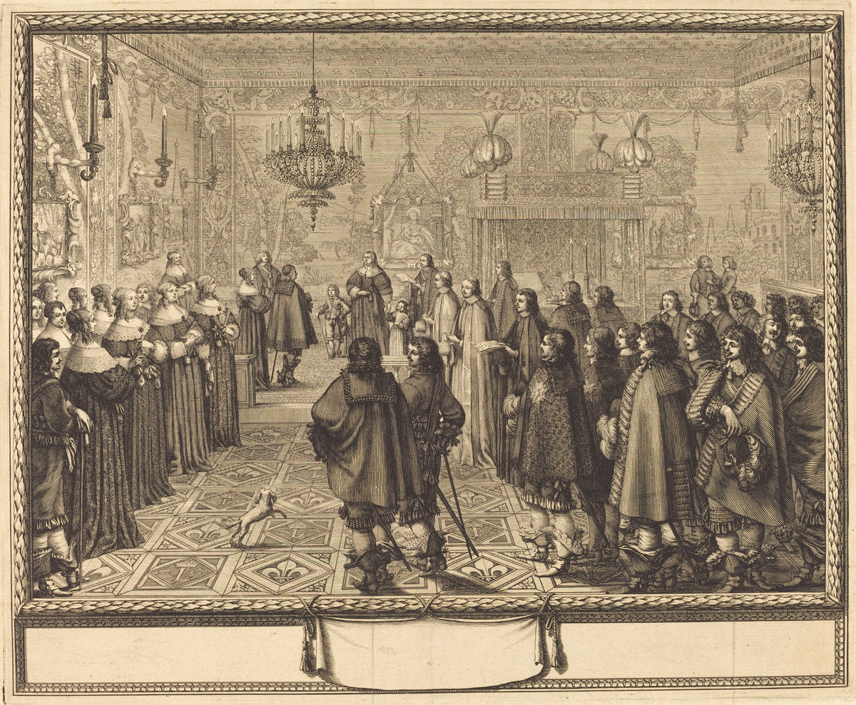 Ceremony of the Contract of Marriage between Vladislas IV, King of Poland, and LouiseMarie of Gonzaga, Princess of Mantua, at Fontainbleau by Abraham Bosse (French, 1602 - 1676), 16X12"(A3)Poster Print