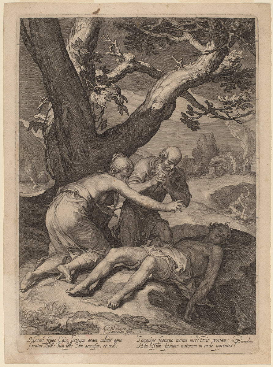 Adam and Eve Lamenting over the Corpse of Abel by Jan Pietersz Saenredam after Abraham Bloemaert (Dutch, 1565 - 1607), 16X12"(A3)Poster Print