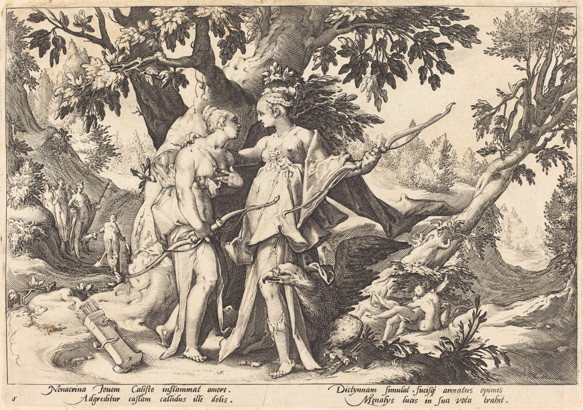 Jupiter in the Disguise of Diana Seduces Callisto by Workshop of Hendrick Goltzius, after Hendrick Goltzius (Flemish, 1574/1575 - after 1655), 16X12"(A3)Poster Print
