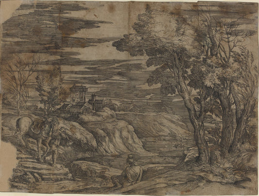 Landscape with a Man Leading a Horse by Battista Franco, after Titian (Venetian, probably 1498 - 1561), 16X12"(A3)Poster Print