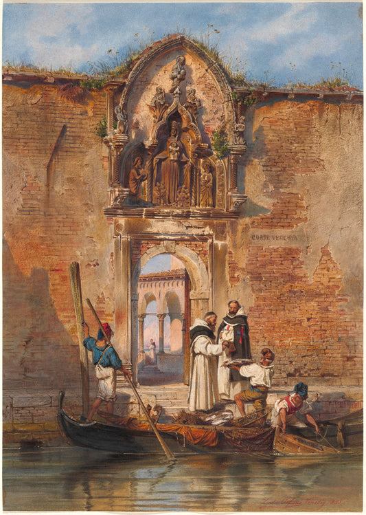 Monks Buying Fish before the Portal of the Madonna della Misericordia by Ludwig Johann Passini (German, 1832 - 1903), 16X12"(A3)Poster Print