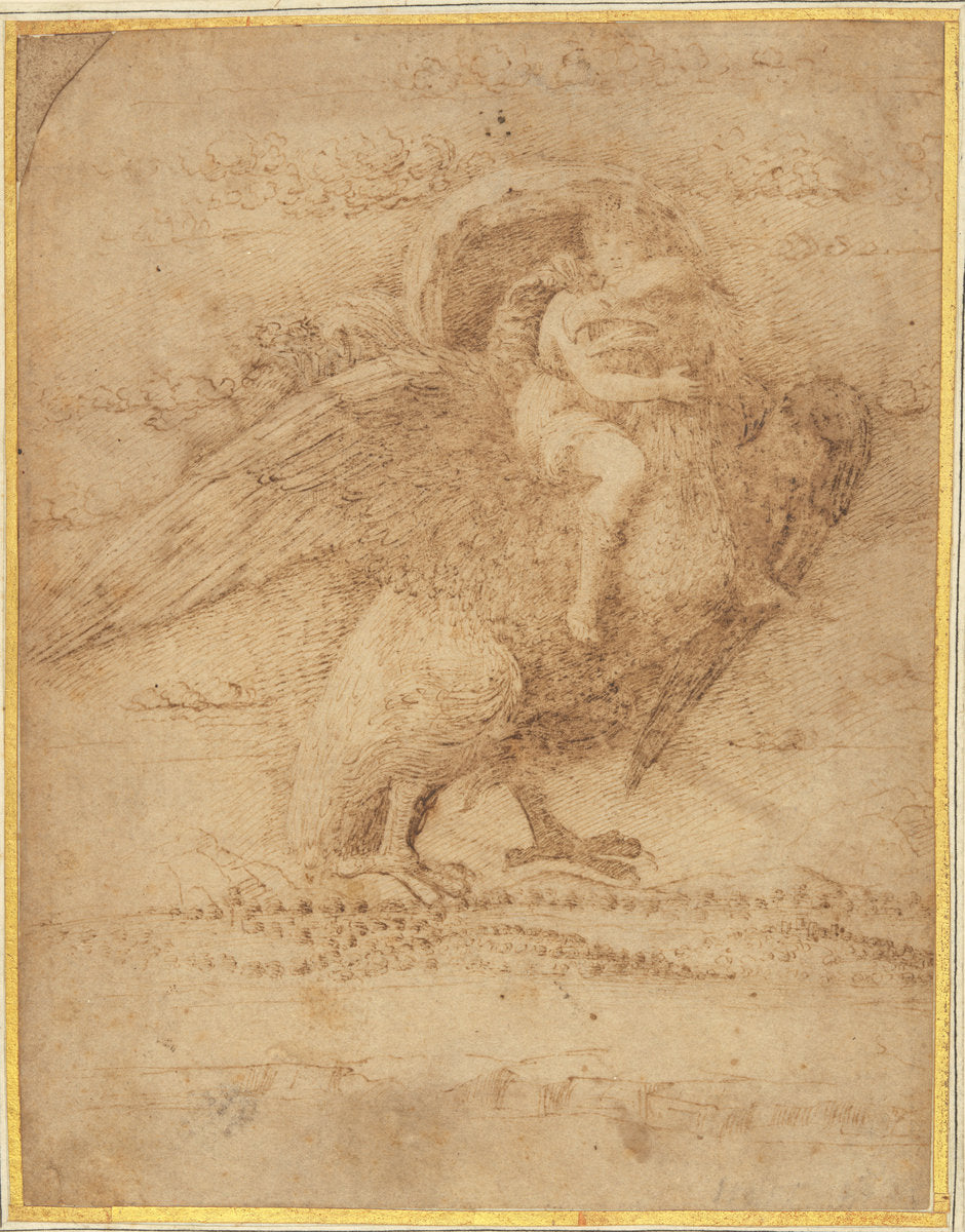 Jupiter and Ganymede Above an Extensive Landscape by Giovanni Bellini, or Andrea Mantegna (Venetian, c. 1430/1435 - 1516), 16X12"(A3)Poster Print