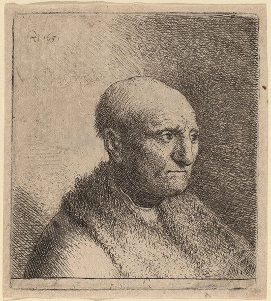 c. 1630 by Rembrandt van Rijn and Studio of Rembrandt van Rijn (Bald Man in a Fur Cloak), 16X12"(A3)Poster Print