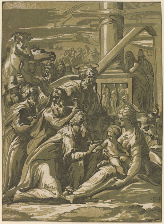 The Adoration of the Magi by Guiseppe Nicolo Vicentino after Parmigianino (Italian, active first half 16th century), 16X12"(A3)Poster Print