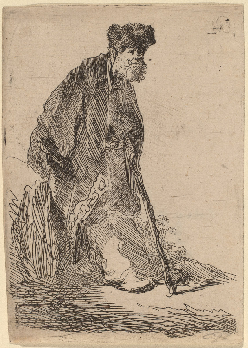 Man in a Coat and Fur Cap Leaning against a Bank by Rembrandt van Rijn (Dutch, 1606 - 1669), 16X12"(A3)Poster Print