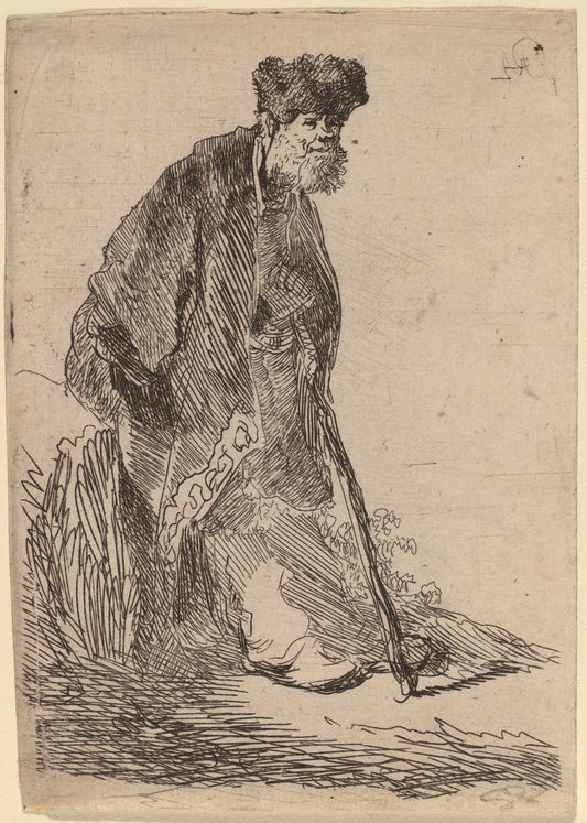 Man in a Coat and Fur Cap Leaning against a Bank by Rembrandt van Rijn (Dutch, 1606 - 1669), 16X12"(A3)Poster Print