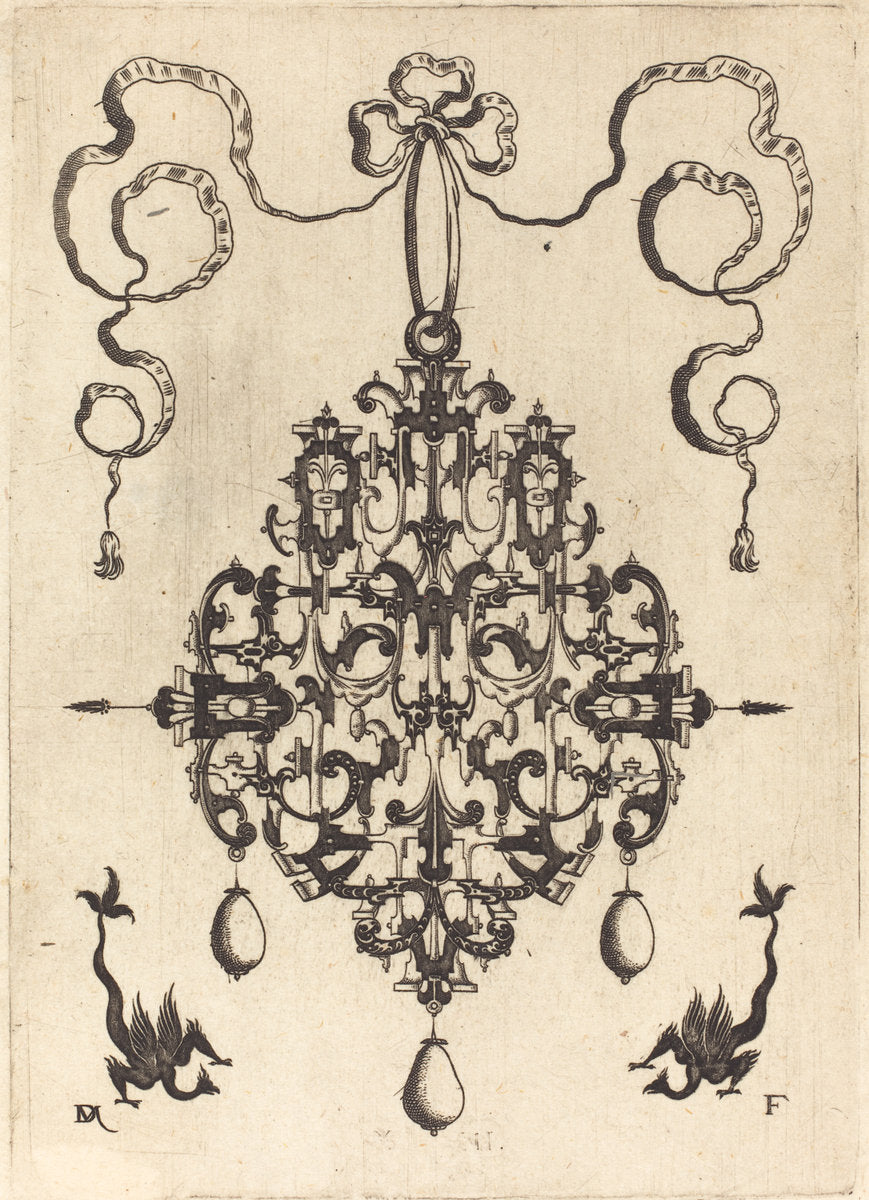 Large Pendant, Two Fantasy Creatures with Long Tails at Bottom by Daniel Mignot (German, active 1593/1596), 16X12"(A3)Poster Print
