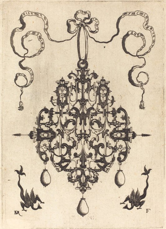 Large Pendant, Two Fantasy Creatures with Long Tails at Bottom by Daniel Mignot (German, active 1593/1596), 16X12"(A3)Poster Print