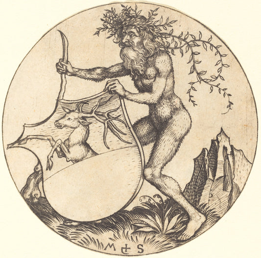 Shield with Stag, Held by Wild Man by Martin Schongauer (German, c. 1450 - 1491), 16X12"(A3)Poster Print