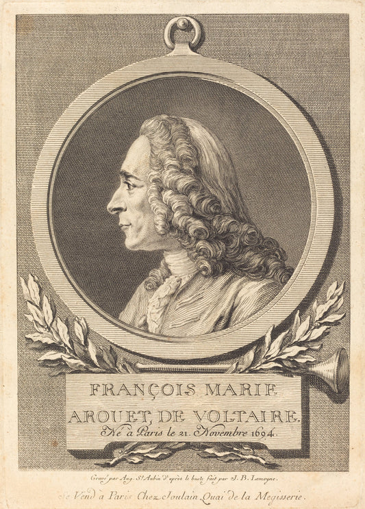 Francois Marie Arouet de Voltaire by Augustin de Saint-Aubin after Jean-Baptiste Lemoyne II (French, 1736 - 1807), 16X12"(A3)Poster Print