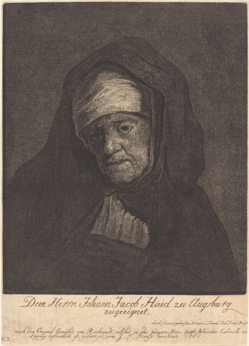 Head of an Aged Woman by Johann Friedrich Bause after Rembrandt van Rijn (German, 1738 - 1814), 16X12"(A3)Poster Print
