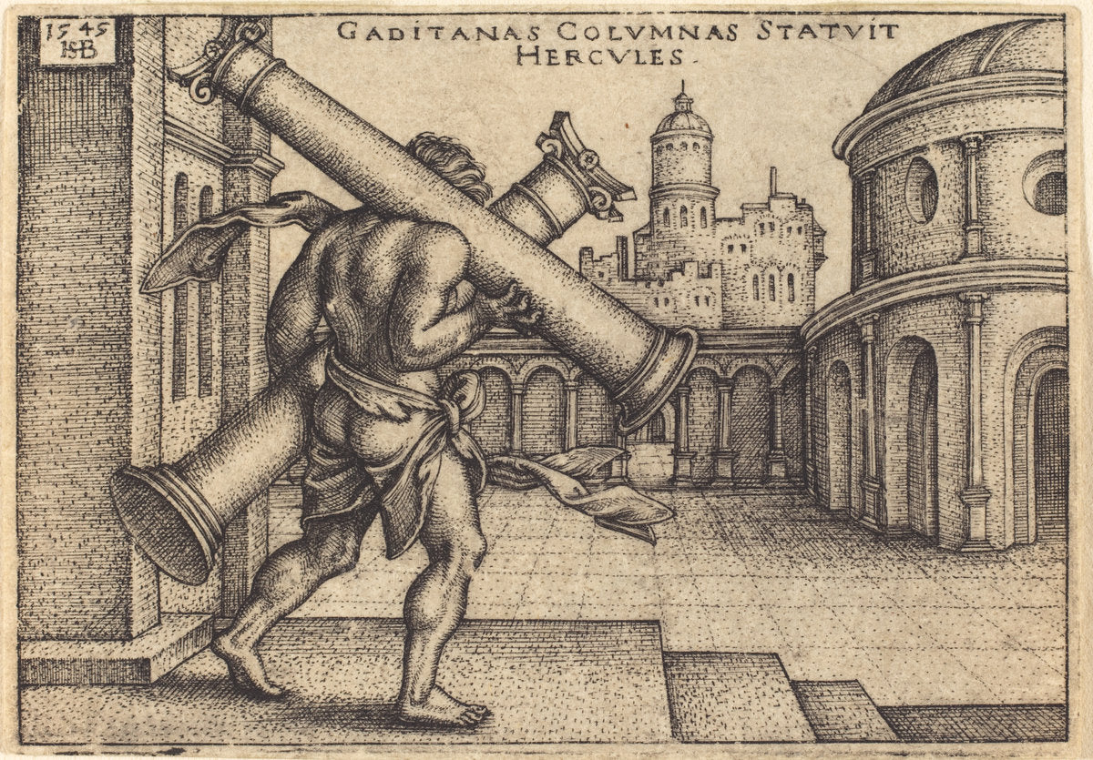 Hercules Carrying the Columns of Gaza by Sebald Beham (German, 1500 - 1550), 16X12"(A3)Poster Print