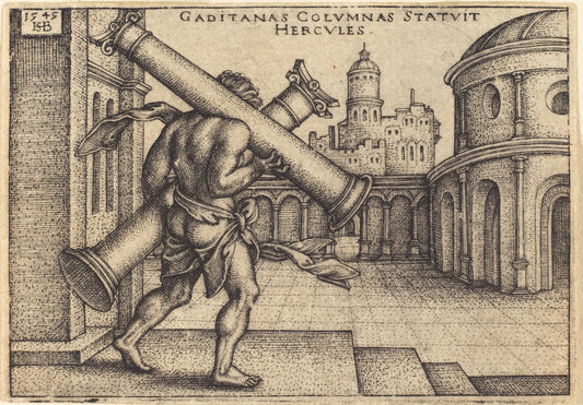 Hercules Carrying the Columns of Gaza by Sebald Beham (German, 1500 - 1550), 16X12"(A3)Poster Print