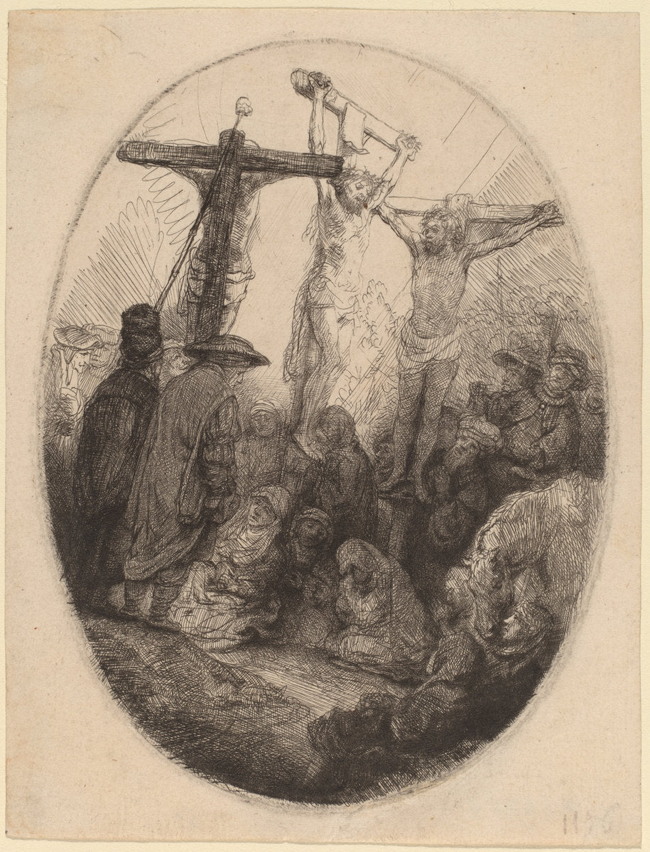 Christ Crucified between the Two Thieves: an Oval Plate by Rembrandt van Rijn (Dutch, 1606 - 1669), 16X12"(A3)Poster Print