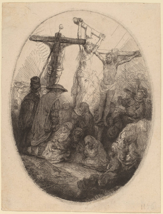 Christ Crucified between the Two Thieves: an Oval Plate by Rembrandt van Rijn (Dutch, 1606 - 1669), 16X12"(A3)Poster Print