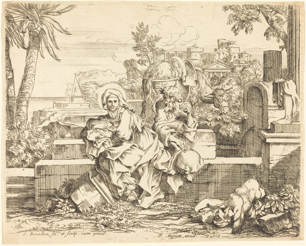 Rest on the Flight into Egypt by Sébastien Bourdon (French, 1616 - 1671), 16X12"(A3)Poster Print