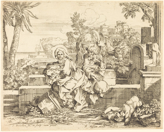 Rest on the Flight into Egypt by Sébastien Bourdon (French, 1616 - 1671), 16X12"(A3)Poster Print