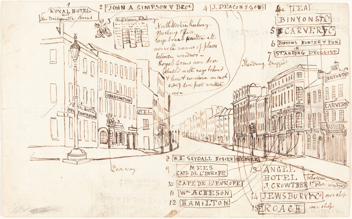 Street Perspective with Places of Business Labeled by George Cruikshank (British, 1792 - 1878), 16X12"(A3)Poster Print