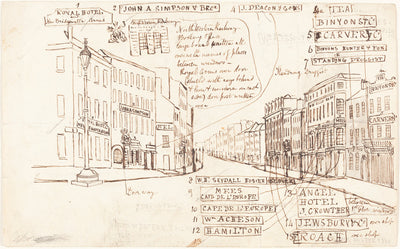 Street Perspective with Places of Business Labeled by George Cruikshank (British, 1792 - 1878), 16X12"(A3)Poster Print