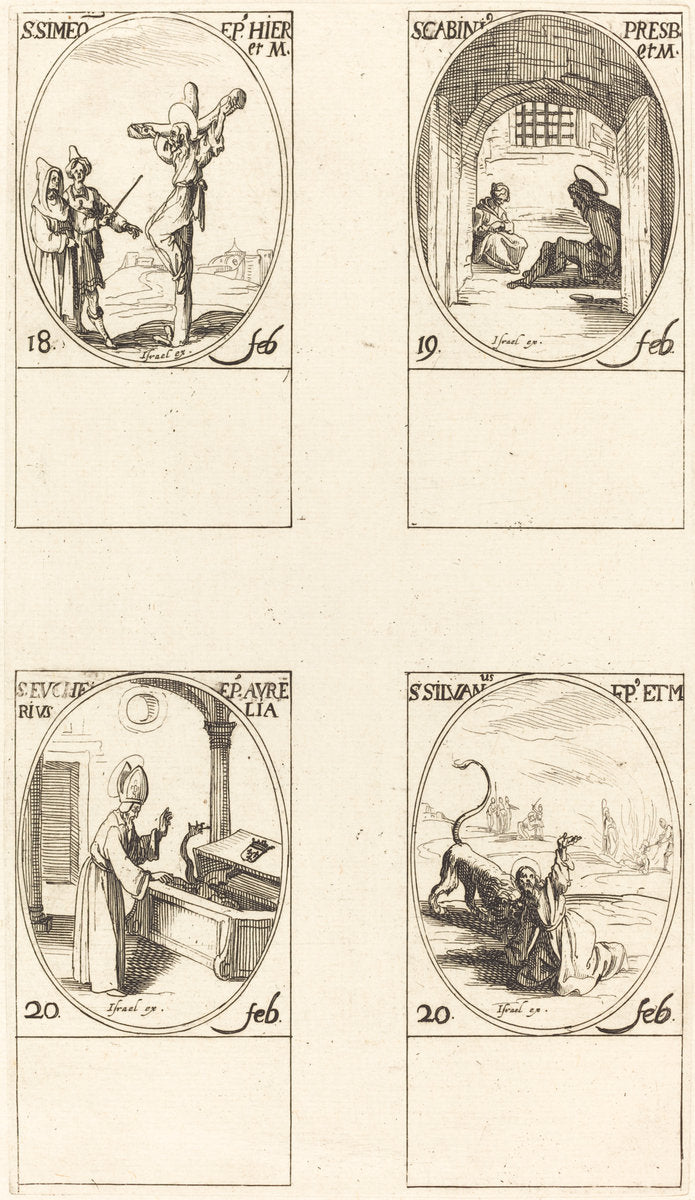 St. Simeon; St. Gabinius; St. Eucharius; St. Silvanus by Jacques Callot (French, 1592 - 1635), 16X12"(A3)Poster Print