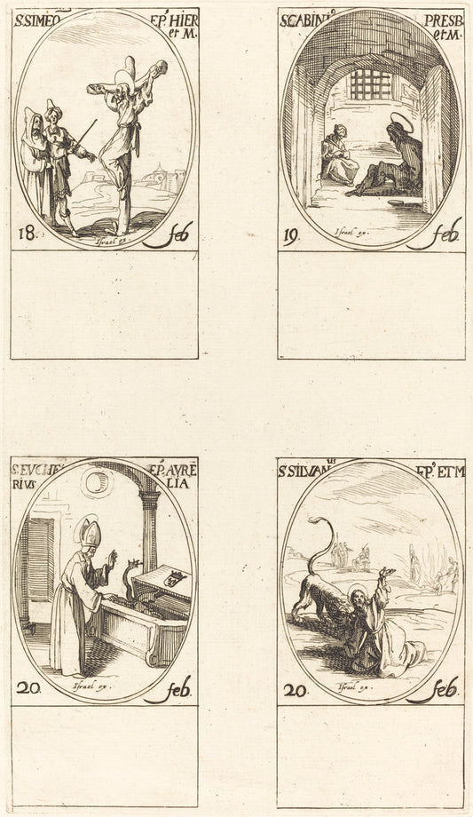 St. Simeon; St. Gabinius; St. Eucharius; St. Silvanus by Jacques Callot (French, 1592 - 1635), 16X12"(A3)Poster Print