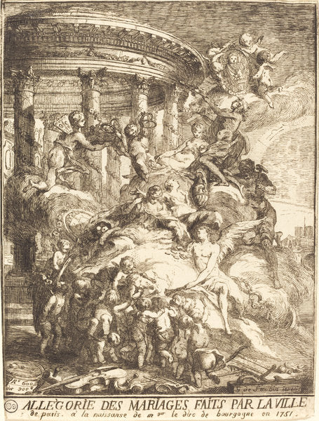 Allegorie des mariages faits par la ville de Paris a la naissance du Duc de Bourgogne by Gabriel Jacques de Saint-Aubin (French, 1724 - 1780), 16X12"(A3)Poster Print