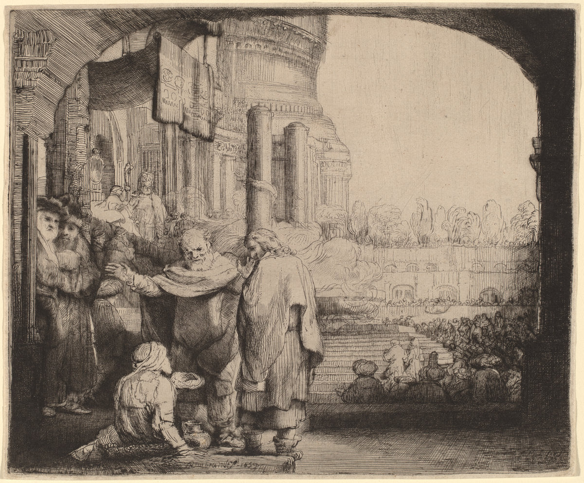 Peter and John Healing the Cripple at the Gate of the Temple by Rembrandt van Rijn (Dutch, 1606 - 1669), 16X12"(A3)Poster Print